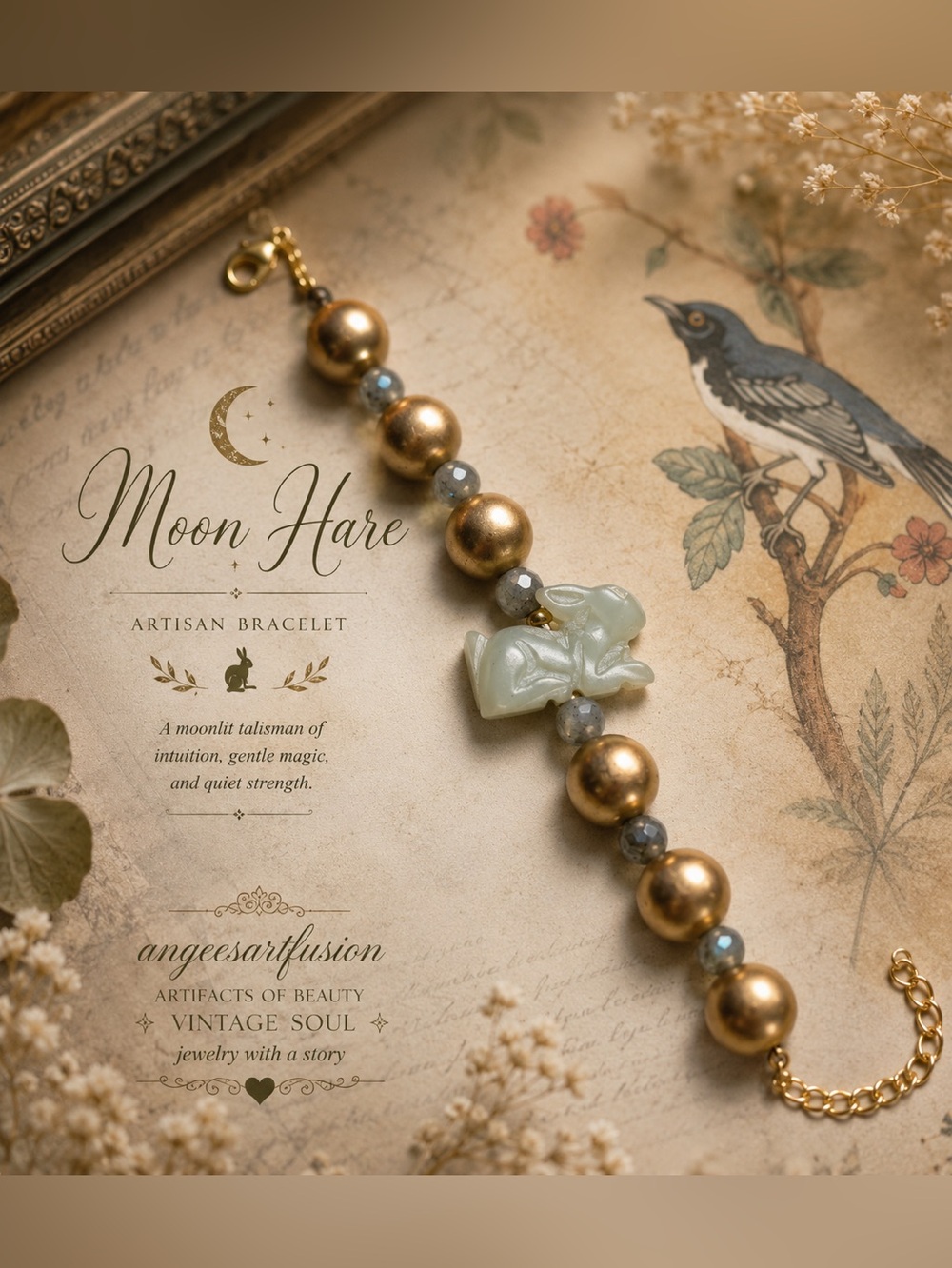 “Moon Hare” Artisan Bracelet | Carved Celadon Rabbit,Labradorite Bracelet